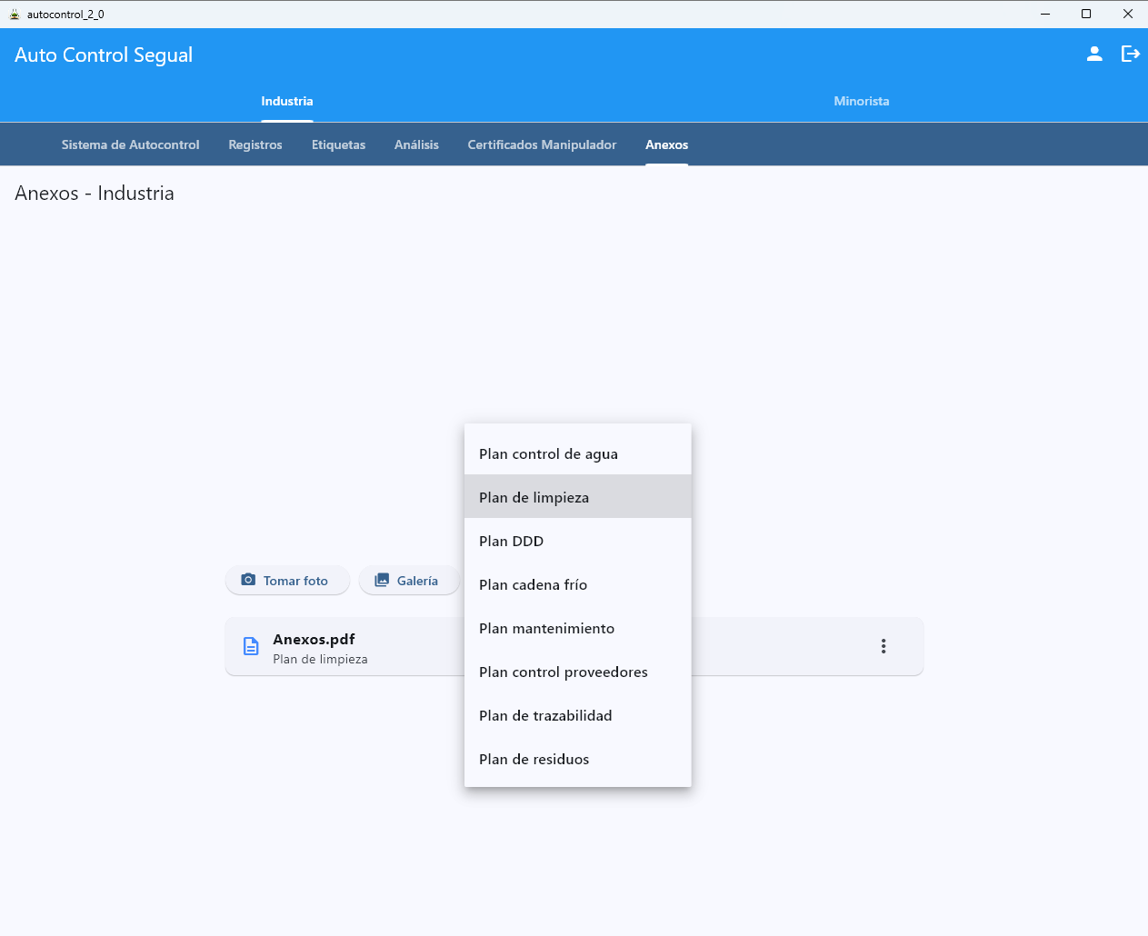 Módulo Anexos Industria en AutoControl — gestión de todos los planes APPCC: agua, limpieza, DDD, cadena frío, mantenimiento, proveedores, documentación y residuos