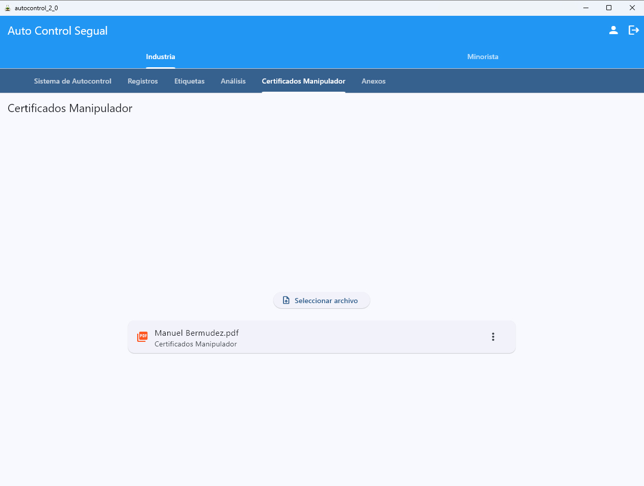 Certificados de Manipulador en AutoControl industria — gestión digital de certificados del personal con acceso en inspecciones